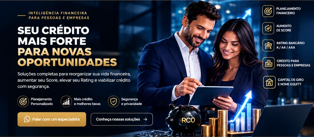 Seu crédito mais forte para novas oportunidades. Profissionais analisando um tablet, ilustração financeira em azul e dourado.